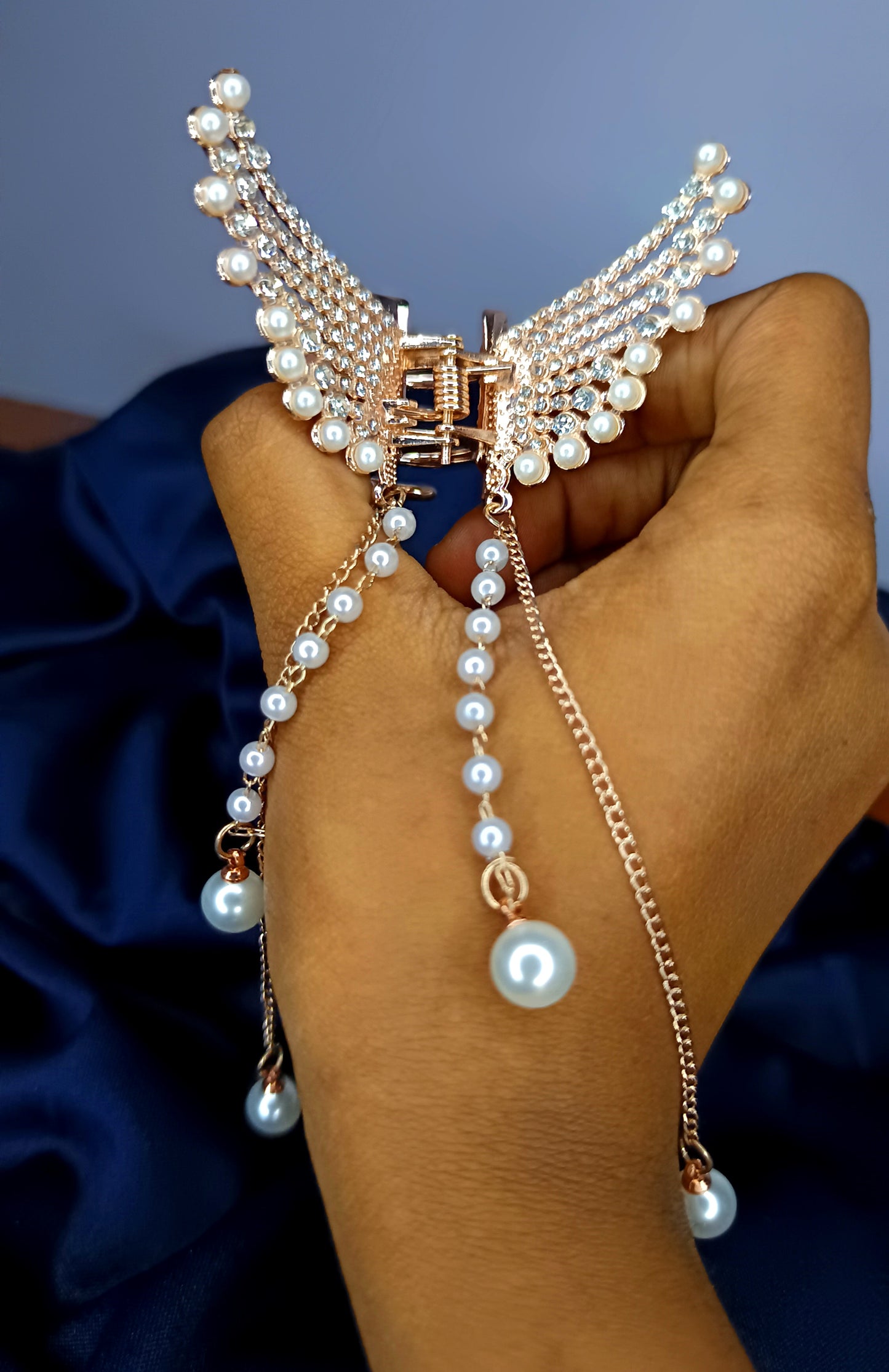 Butterfly Hair clips with Pearl, White  stones