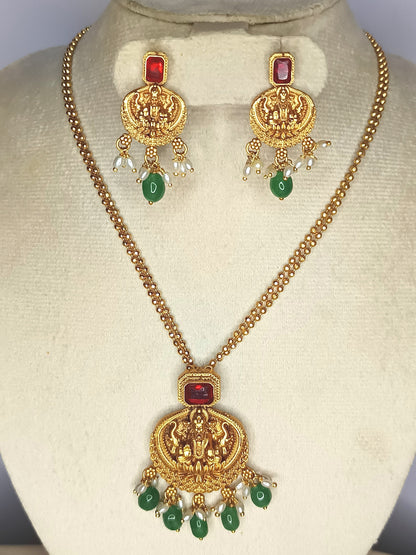 Gold Chain with lakshmi pendent and ruby and Emerlad