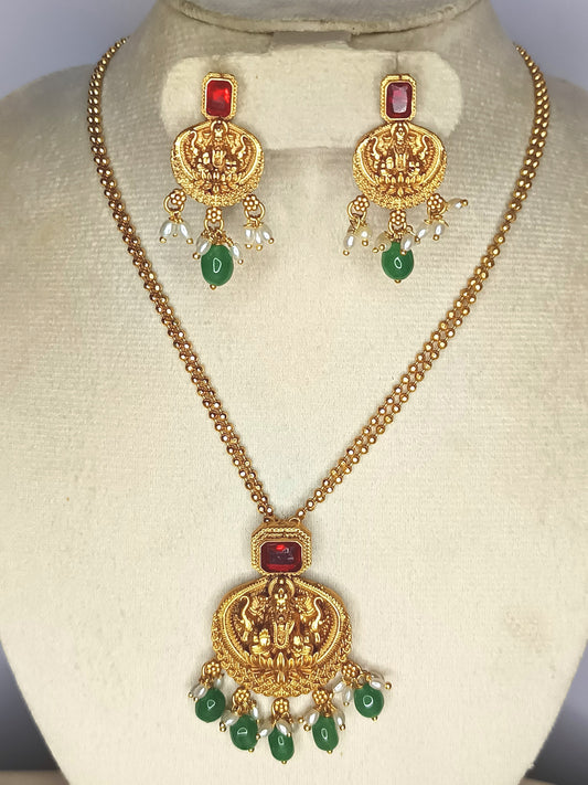 Gold Chain with lakshmi pendent and ruby and Emerlad