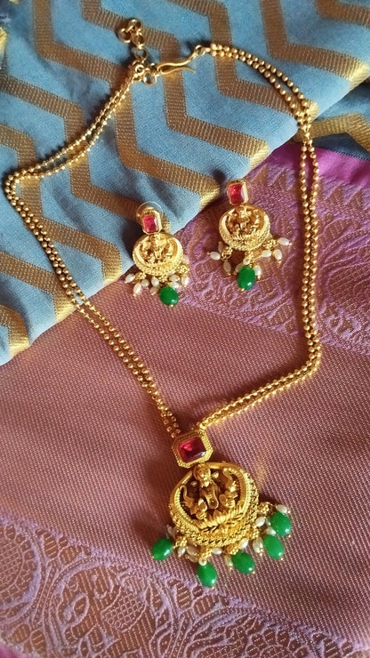 Gold Chain with lakshmi pendent and ruby and Emerlad