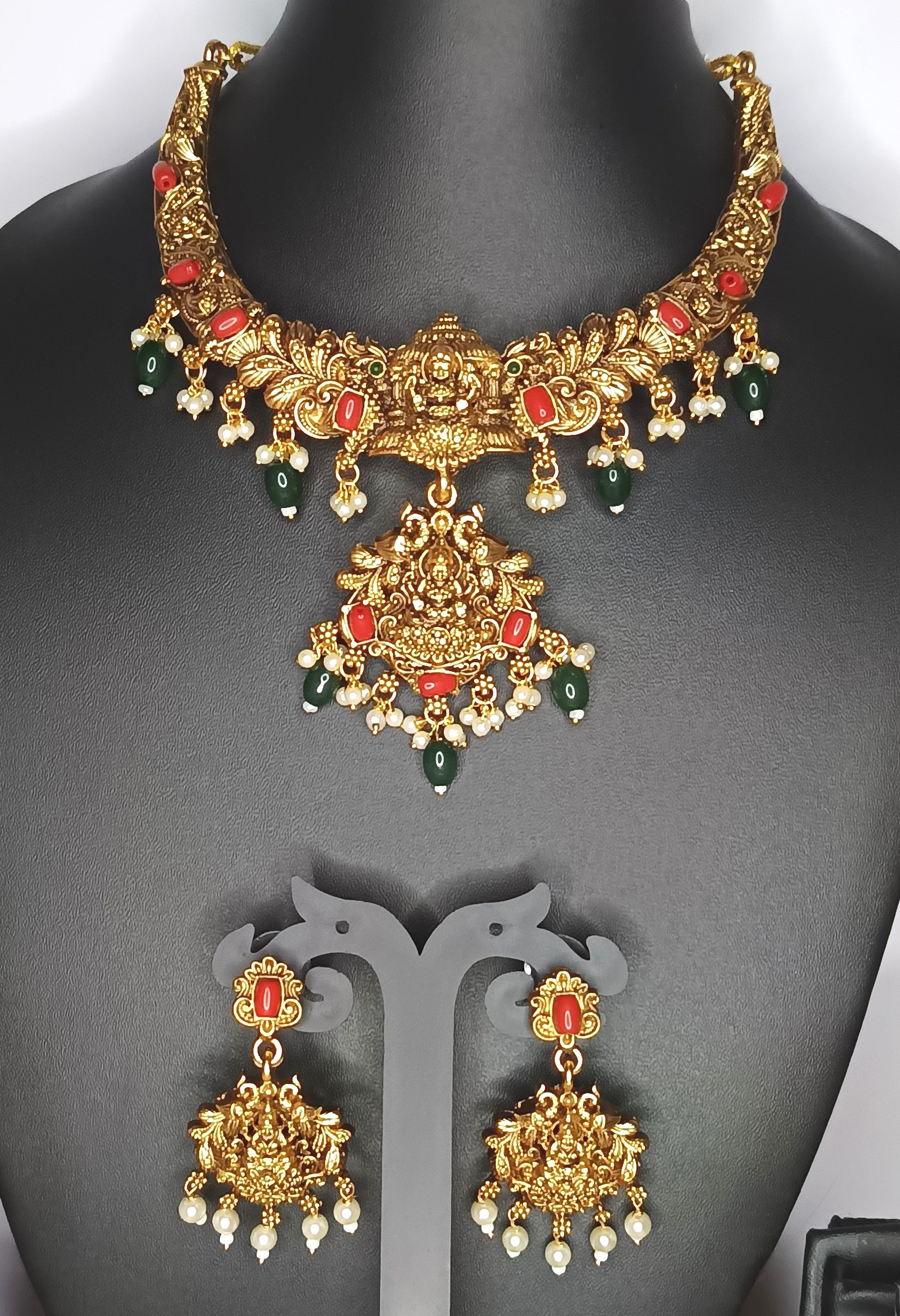 Stunning Antique lakshmi necklace set with coral and emerald beads