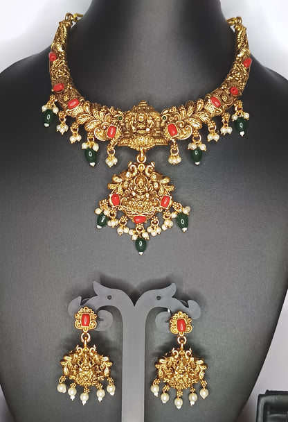 Stunning Antique lakshmi necklace set with coral and emerald beads