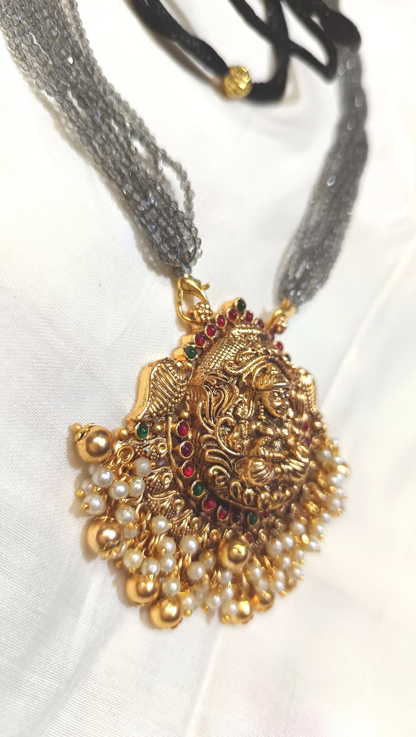 Grey Crystal Bead Chain with lakshmi pendent