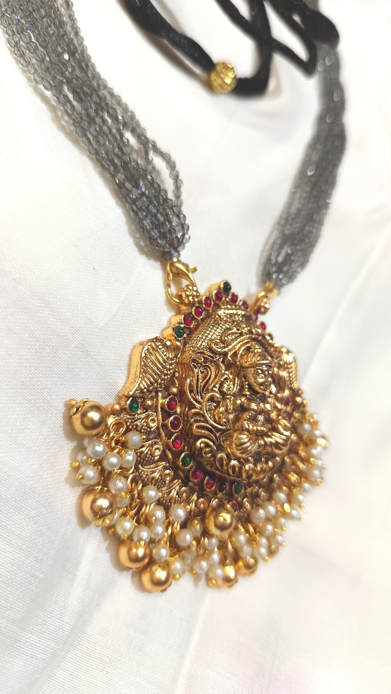 Grey Crystal Bead Chain with lakshmi pendent