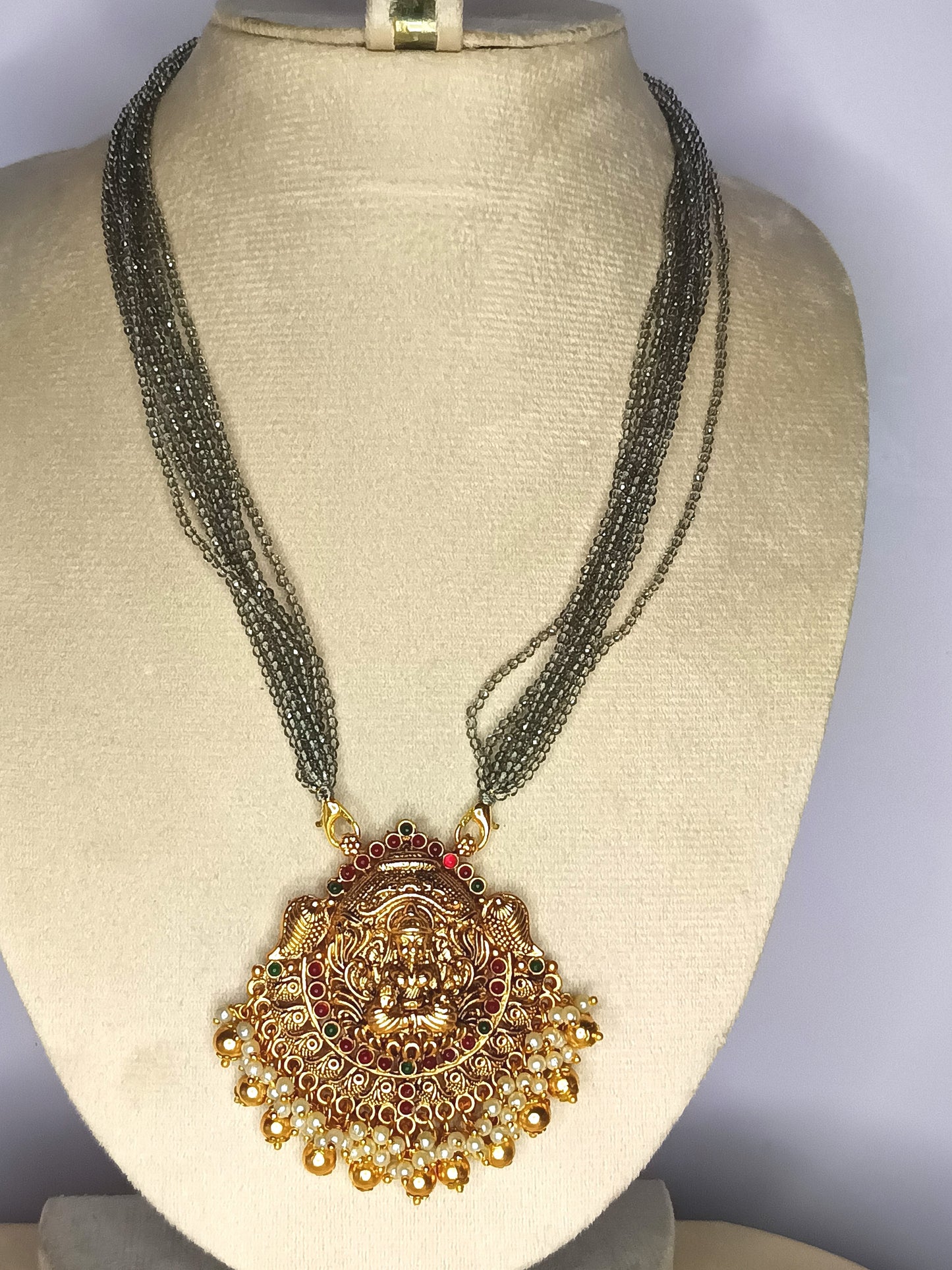 Grey Crystal Bead Chain with lakshmi pendent