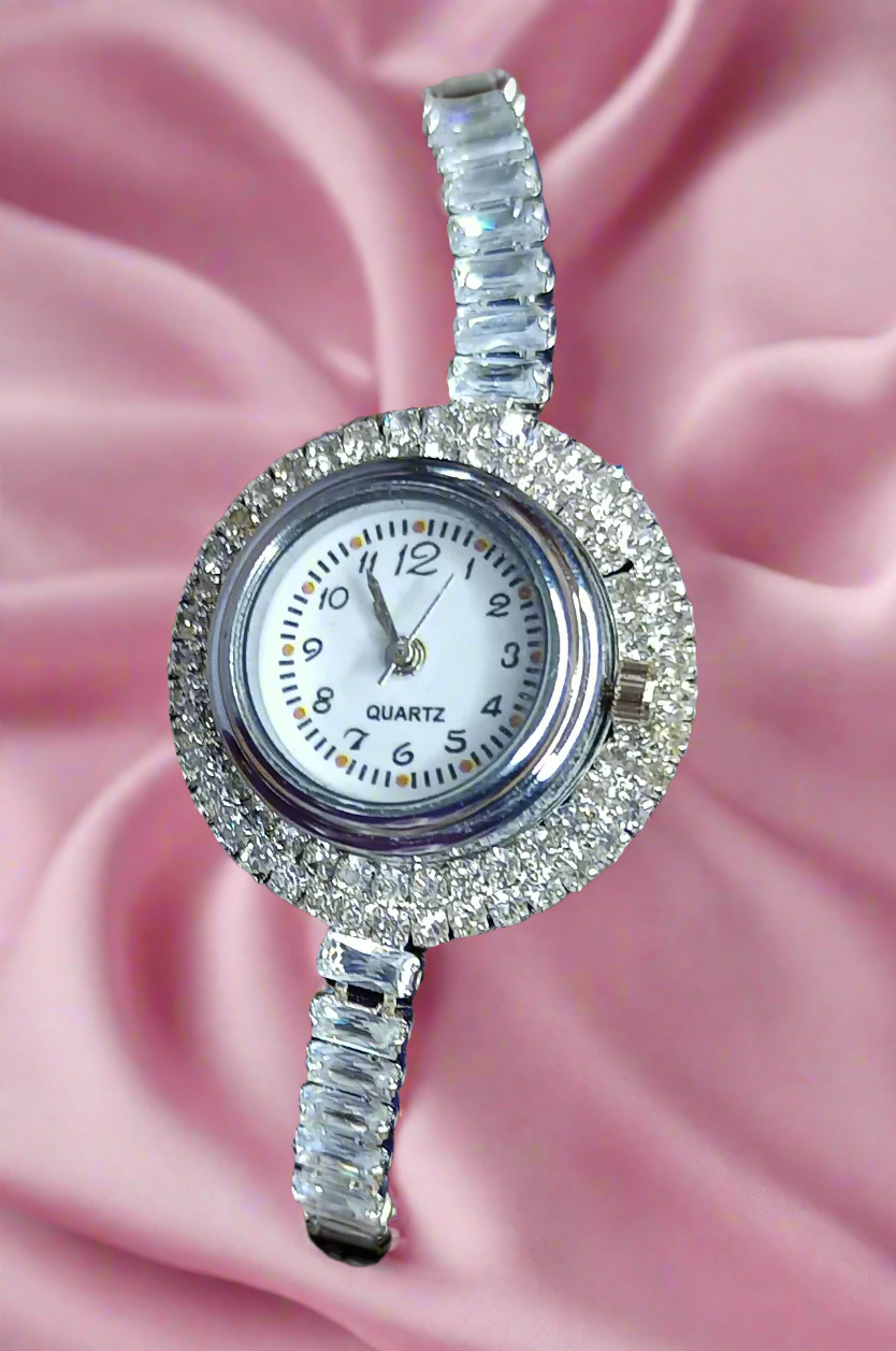Elegant White metal Watch Bracelet with White stones
