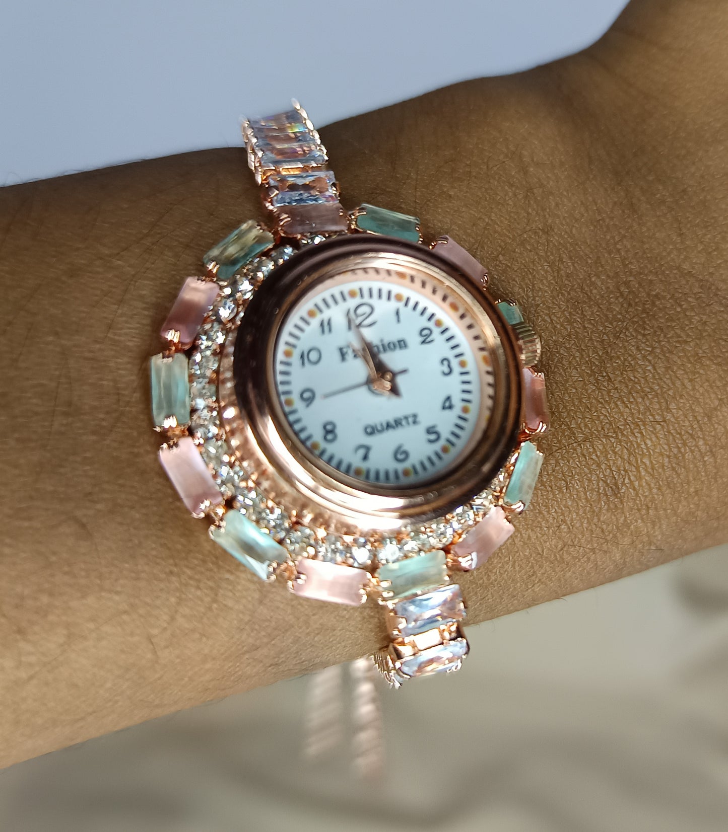 Elegant Rose metal Watch Bracelet with AD stone