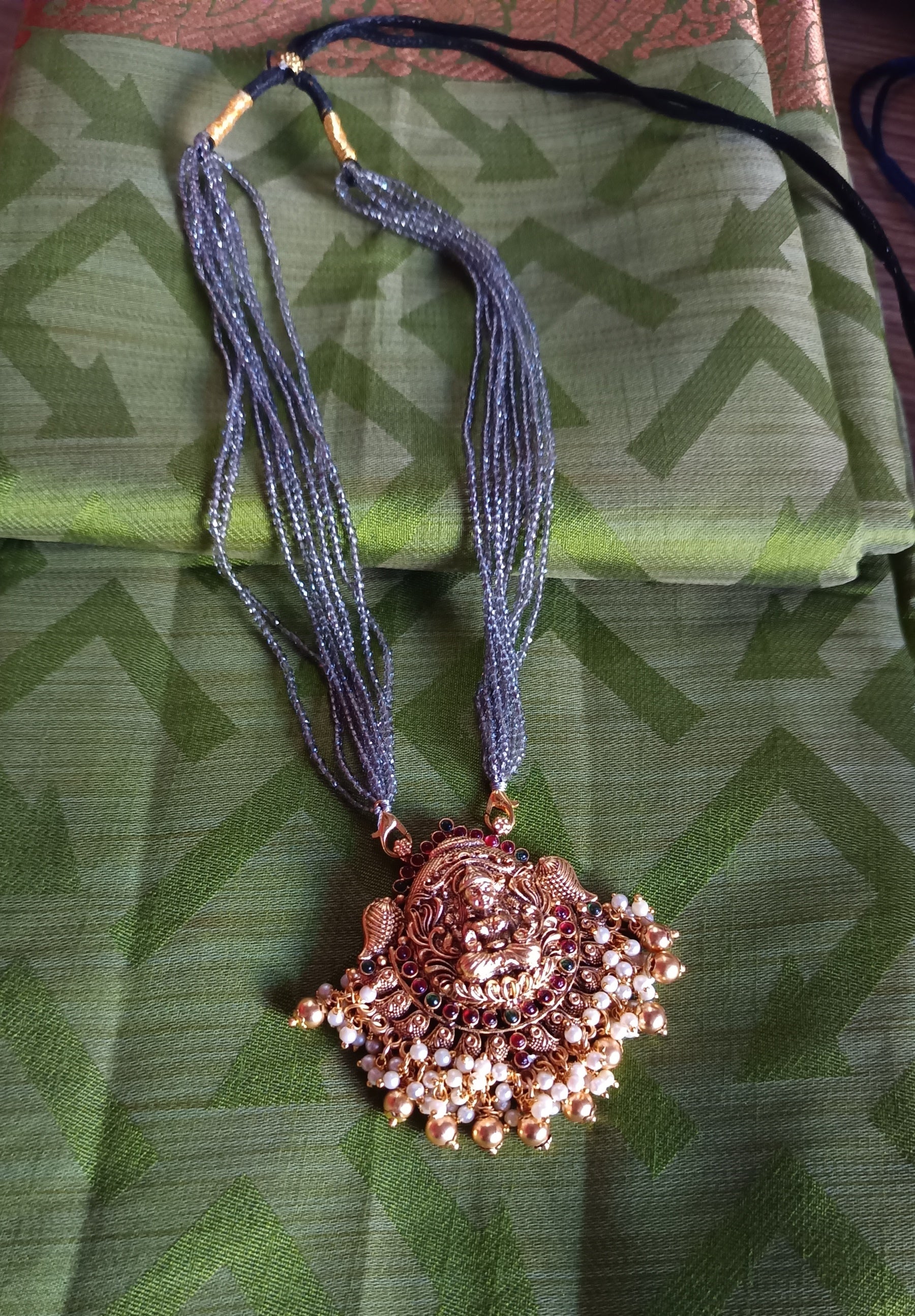 Grey Crystal Bead Chain with lakshmi pendent