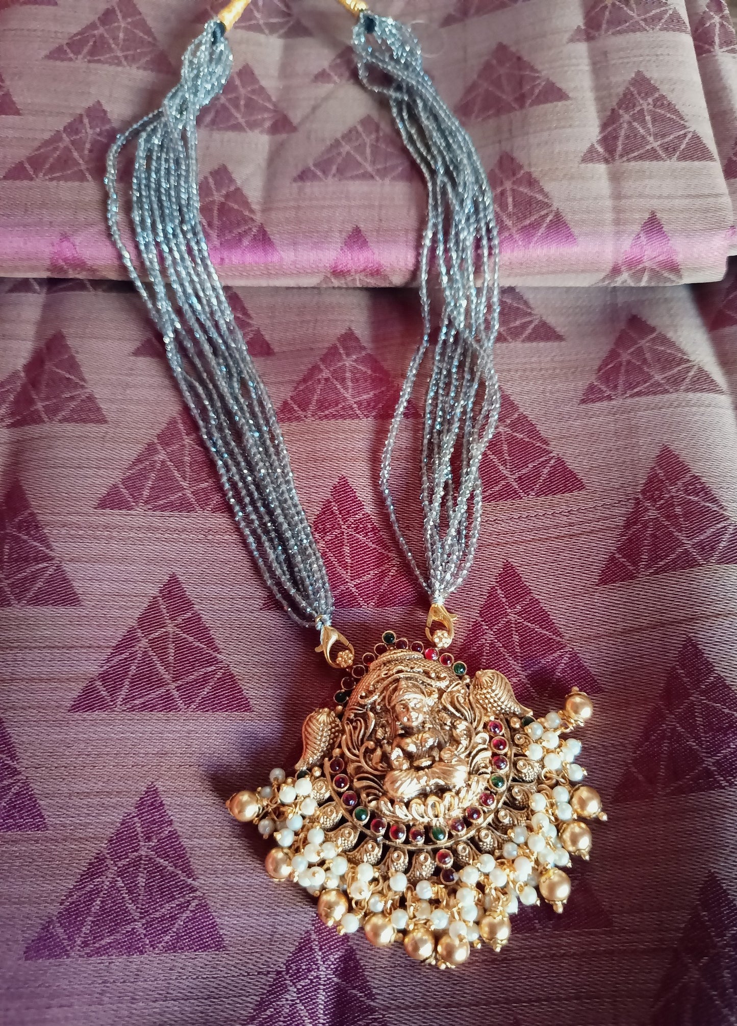 Grey Crystal Bead Chain with lakshmi pendent
