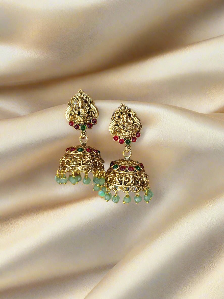 Antique lakshmi haram set with pista green crystal beads