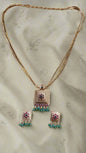 3 layered Gold Chain with pendent and ruby and Emerlad with beads