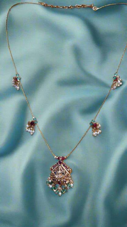 Invisible Gold Chain with pendent and ruby and Emerlad with pearls