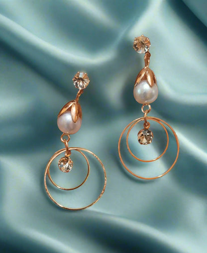 Trendy light weight shiny earring with korean western stylish danglers-i-BELK007g-pearl-round-rosegold-PunnagaiDJ