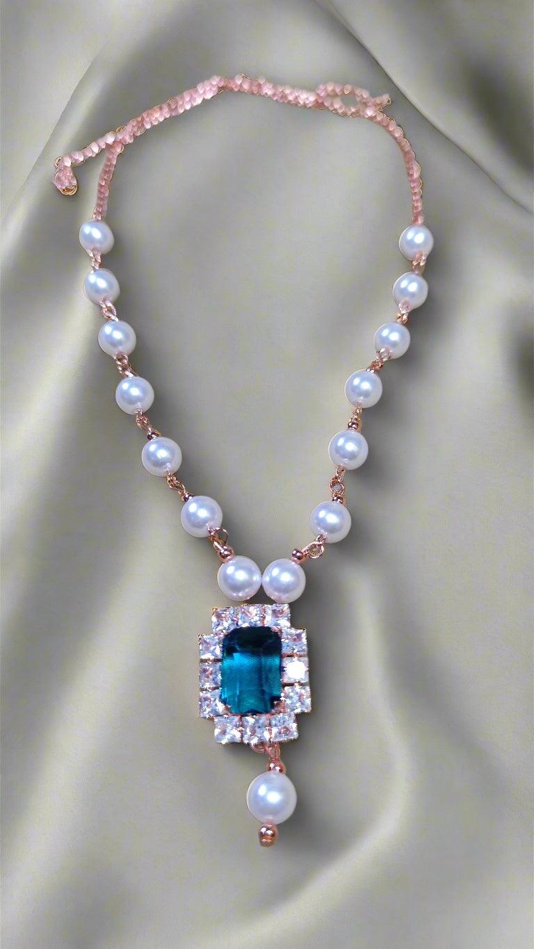 Pearl necklace set with american diamond stones-green blue red