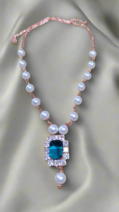 Pearl necklace set with american diamond stones-green blue red