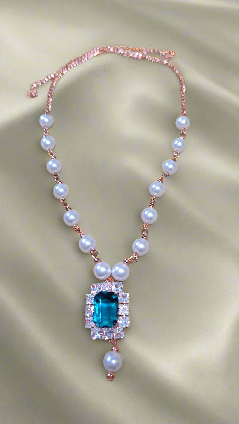 Pearl necklace set with american diamond stones-green blue red
