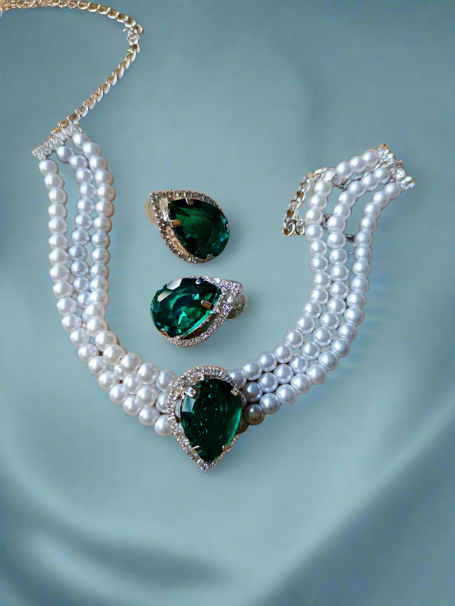 Fantastic Rhodium plated american diamond pearl choker set-Blue Green