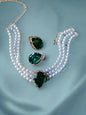 Fantastic Rhodium plated american diamond pearl choker set-Blue Green