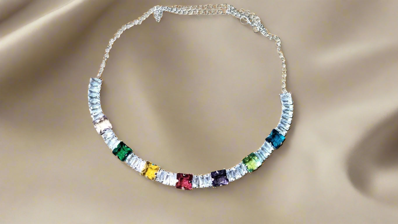 Gleaming Rhodium plated Necklace set -Multicolor