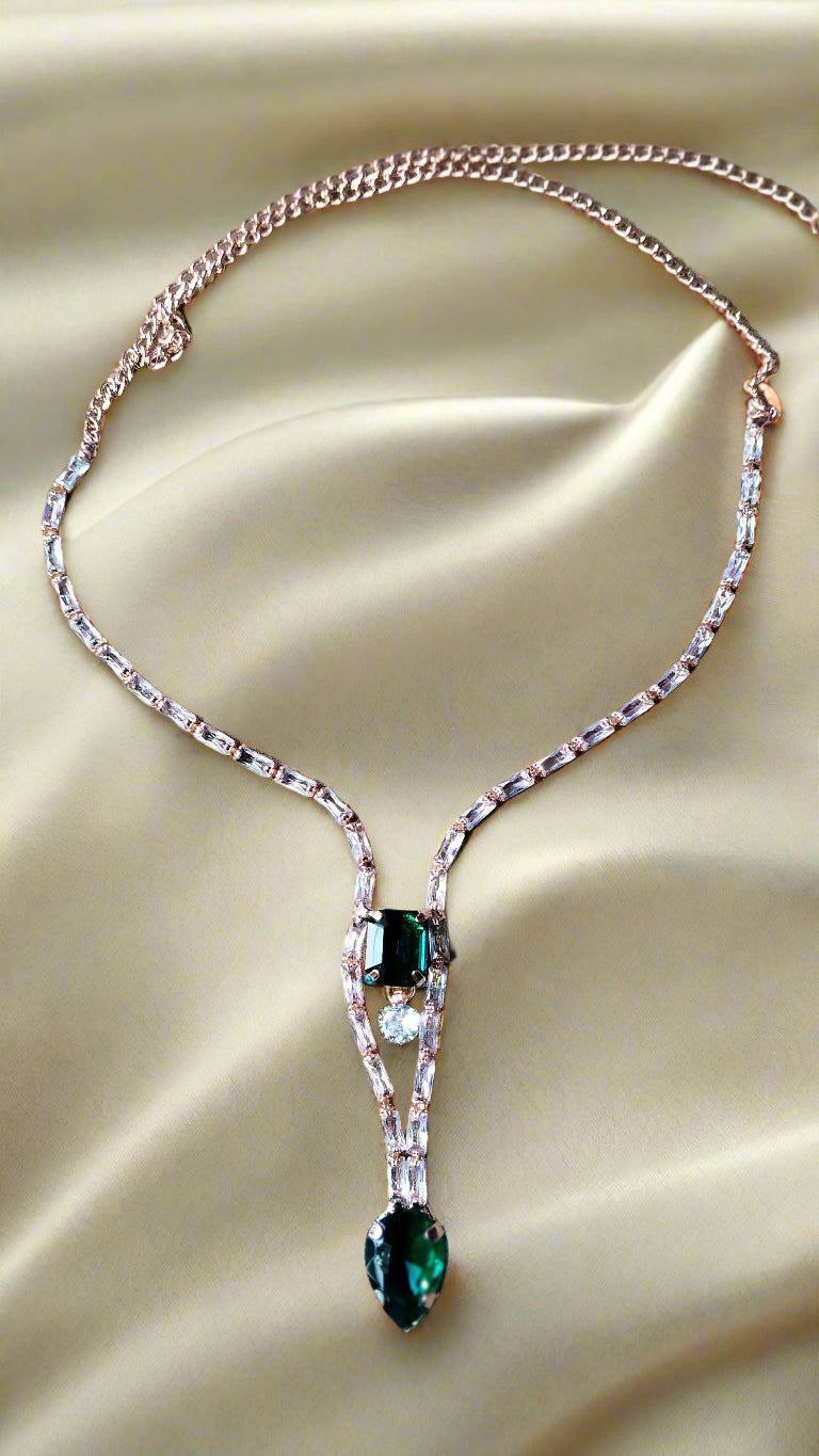 Stylish Rose Gold-Plated Big green emerald stone Chain set