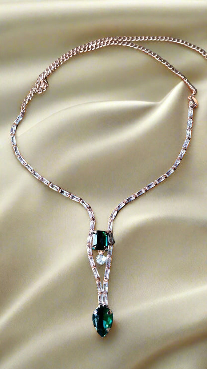 Stylish Rose Gold-Plated Big green emerald stone Chain set