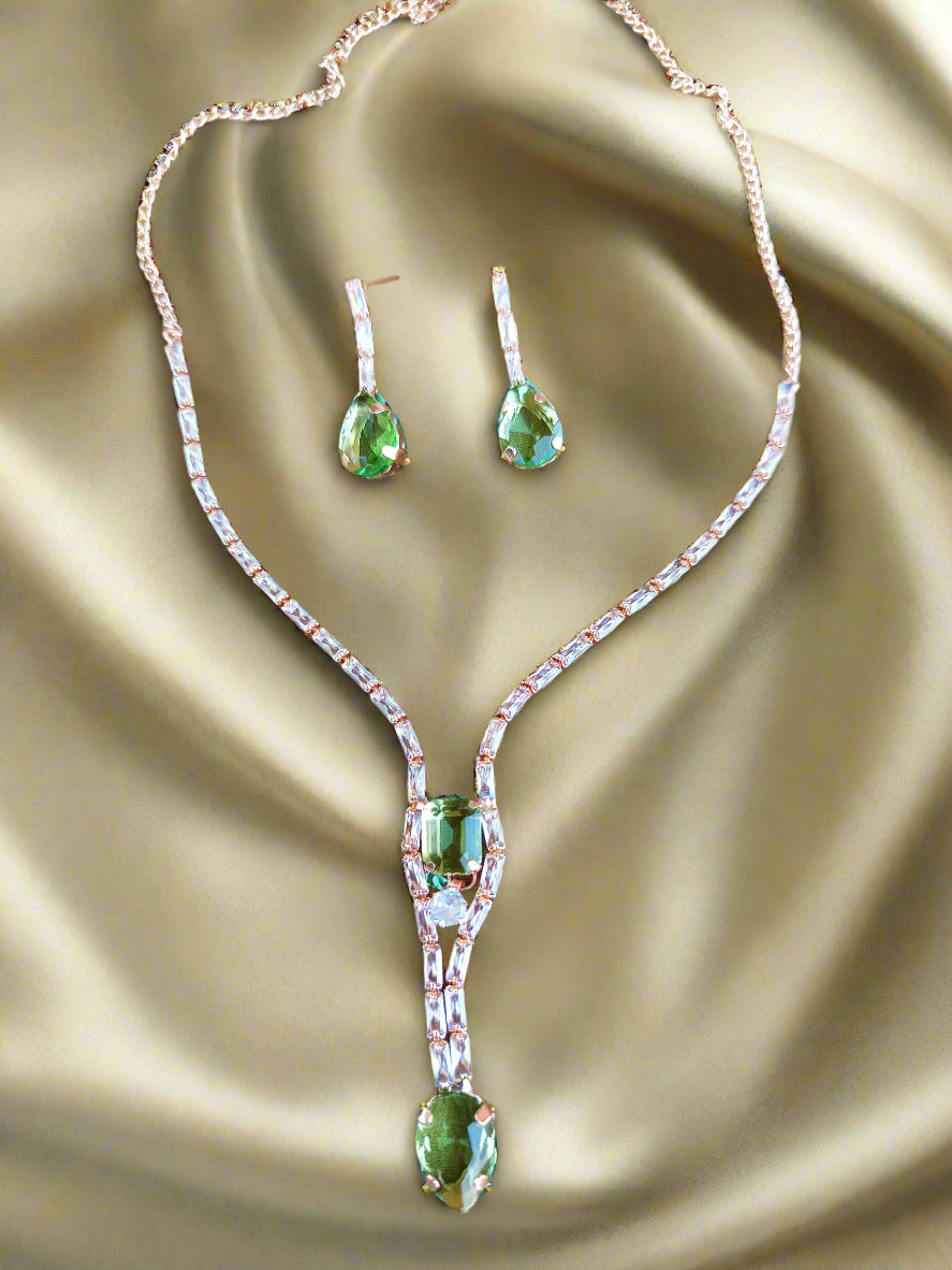 Stylish Rose Gold-Plated Big green emerald stone Chain set