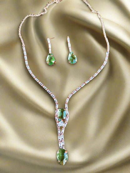Stylish Rose Gold-Plated Big green emerald stone Chain set