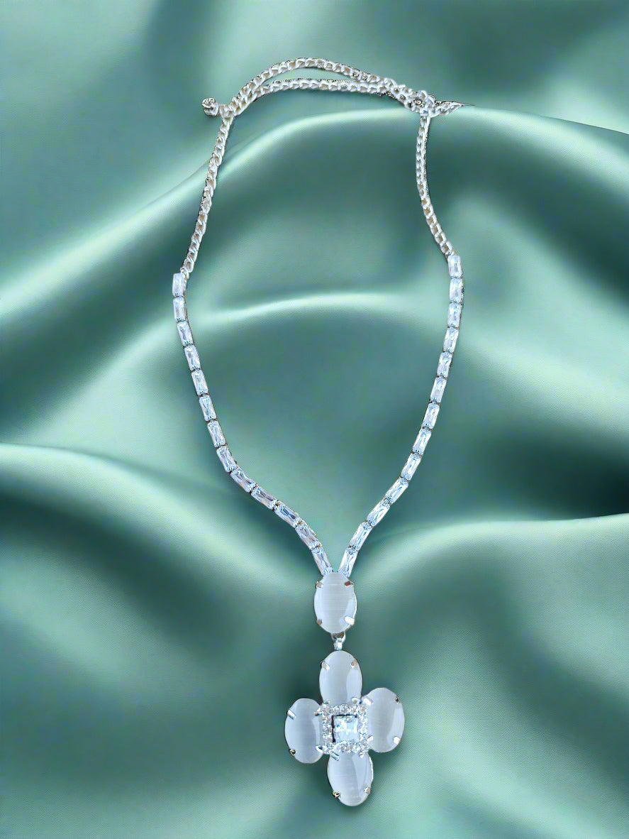 Amazing Rhodium plated american diamond with milky white stone set