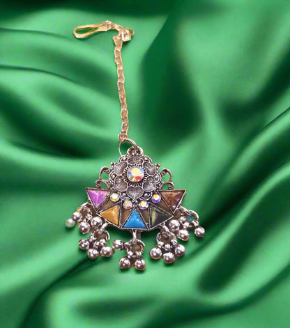 Light weight Women's Oxidised white silver choker with Multi color stones